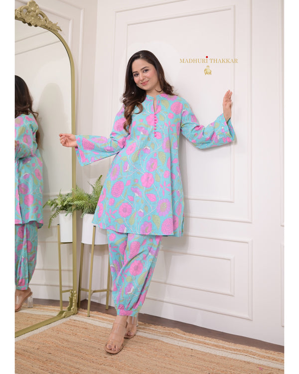 Blue Floral Afghani Cotton Co-ord