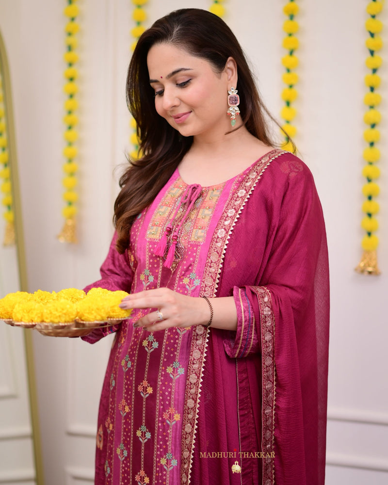 Mulberry Pink Hand Embroidered Festive Silk Suit