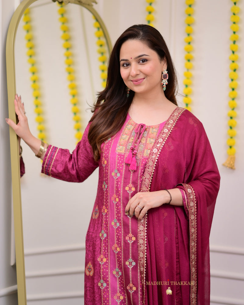 Mulberry Pink Hand Embroidered Festive Silk Suit