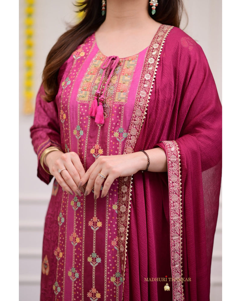 Mulberry Pink Hand Embroidered Festive Silk Suit