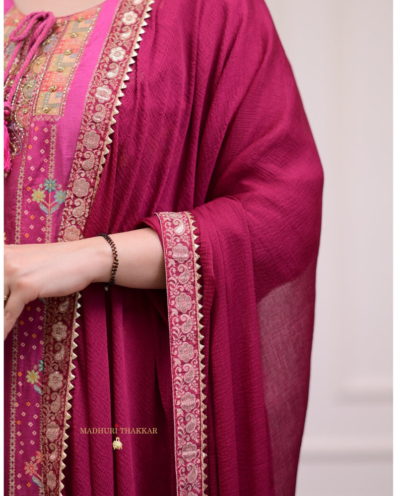 Mulberry Pink Hand Embroidered Festive Silk Suit