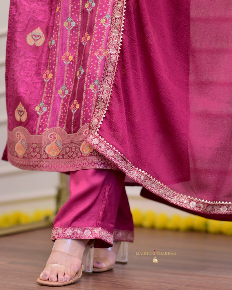 Mulberry Pink Hand Embroidered Festive Silk Suit