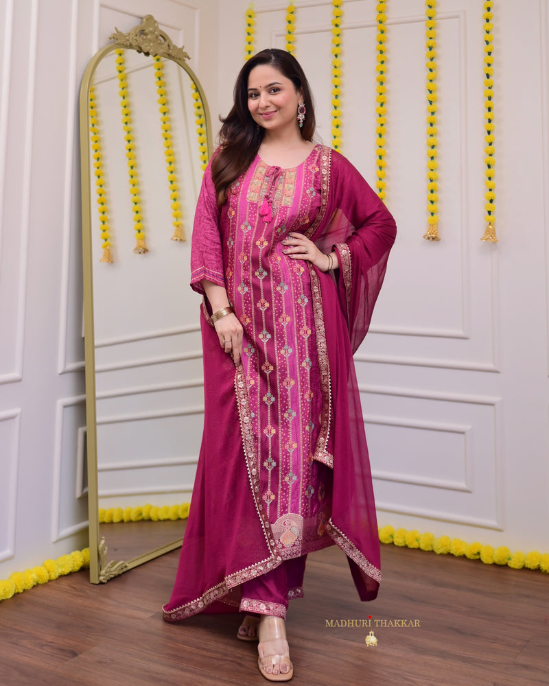 Mulberry Pink Hand Embroidered Festive Silk Suit