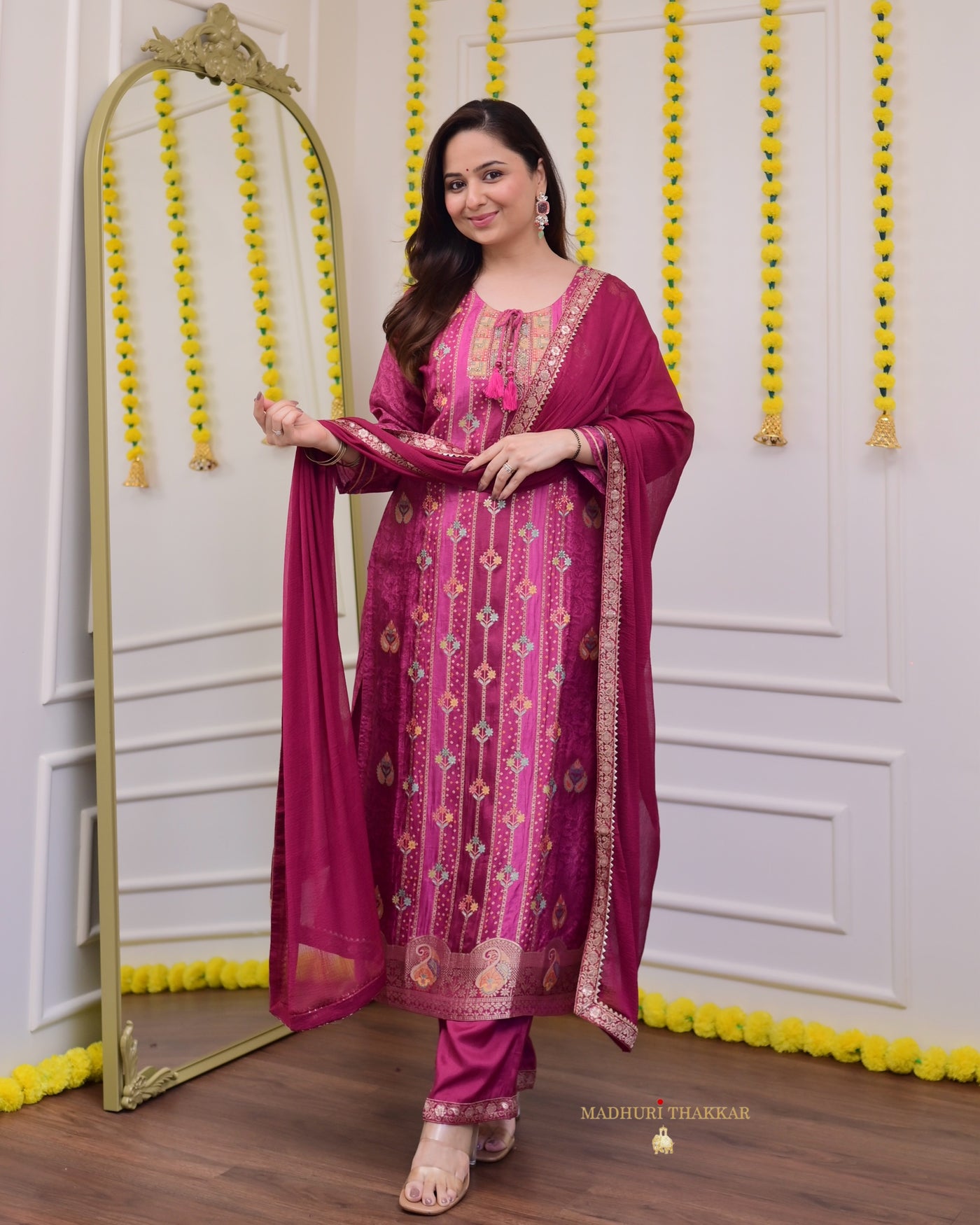 Mulberry Pink Hand Embroidered 3 Piece Festive Silk Suit Set For
