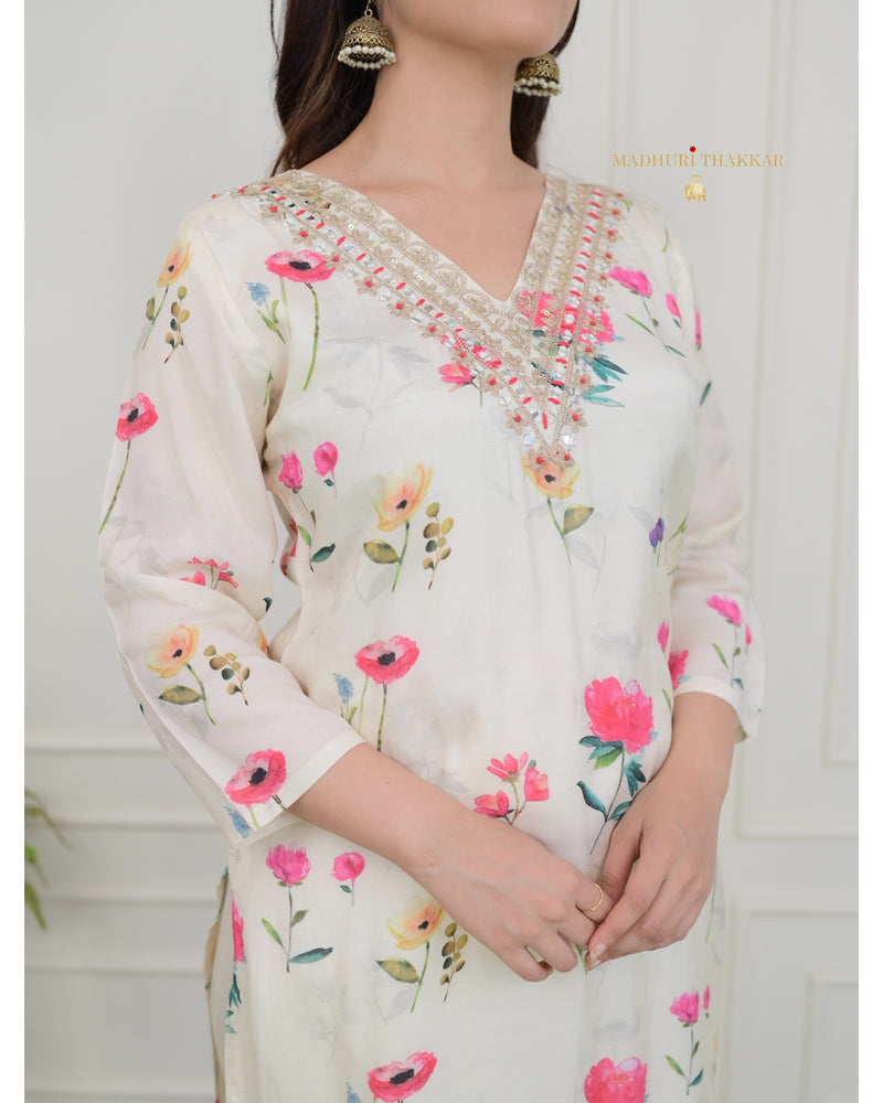 Ivory Floral Muslin Handwork Suit