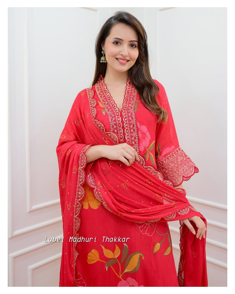 Red Floral Chinnon Embroidered Suit