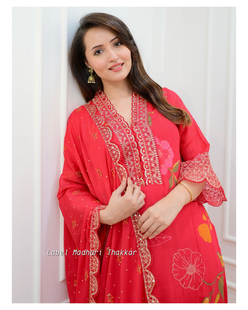 Red Floral Chinnon Embroidered Suit