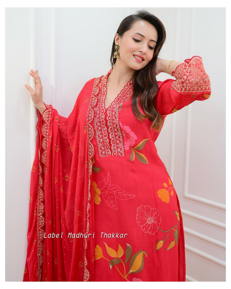 Red Floral Chinnon Embroidered Suit