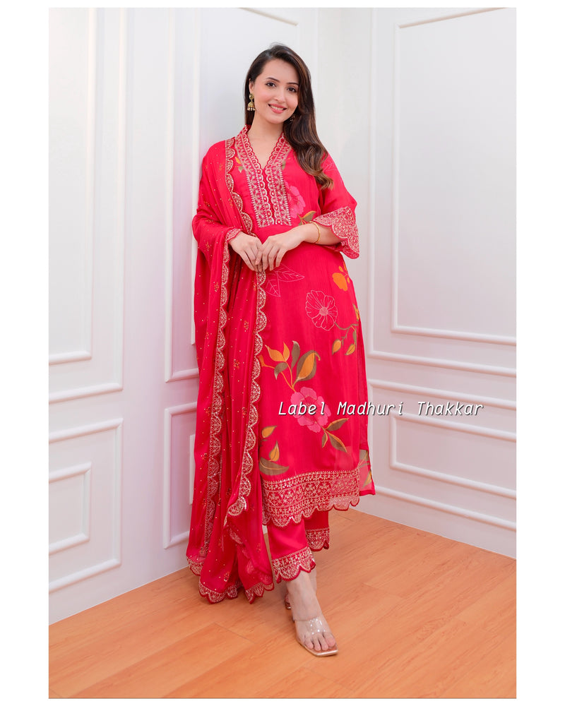 Red Floral Chinnon Embroidered Suit