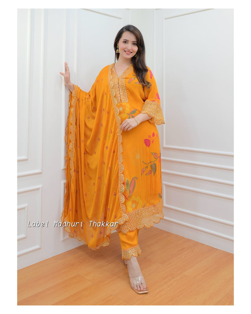 Mustard Yellow Floral Chinnon Embroidered Suit