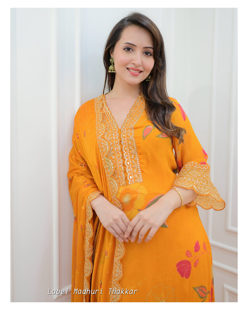 Mustard Yellow Floral Chinnon Embroidered Suit