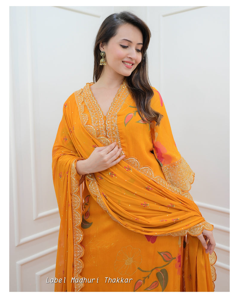 Mustard Yellow Floral Chinnon Embroidered Suit