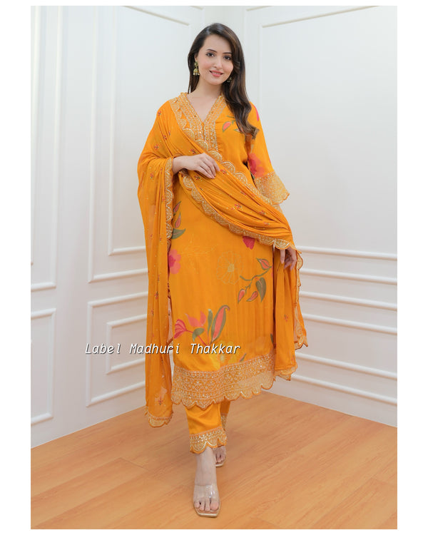 Mustard Yellow Floral Chinnon Embroidered Suit