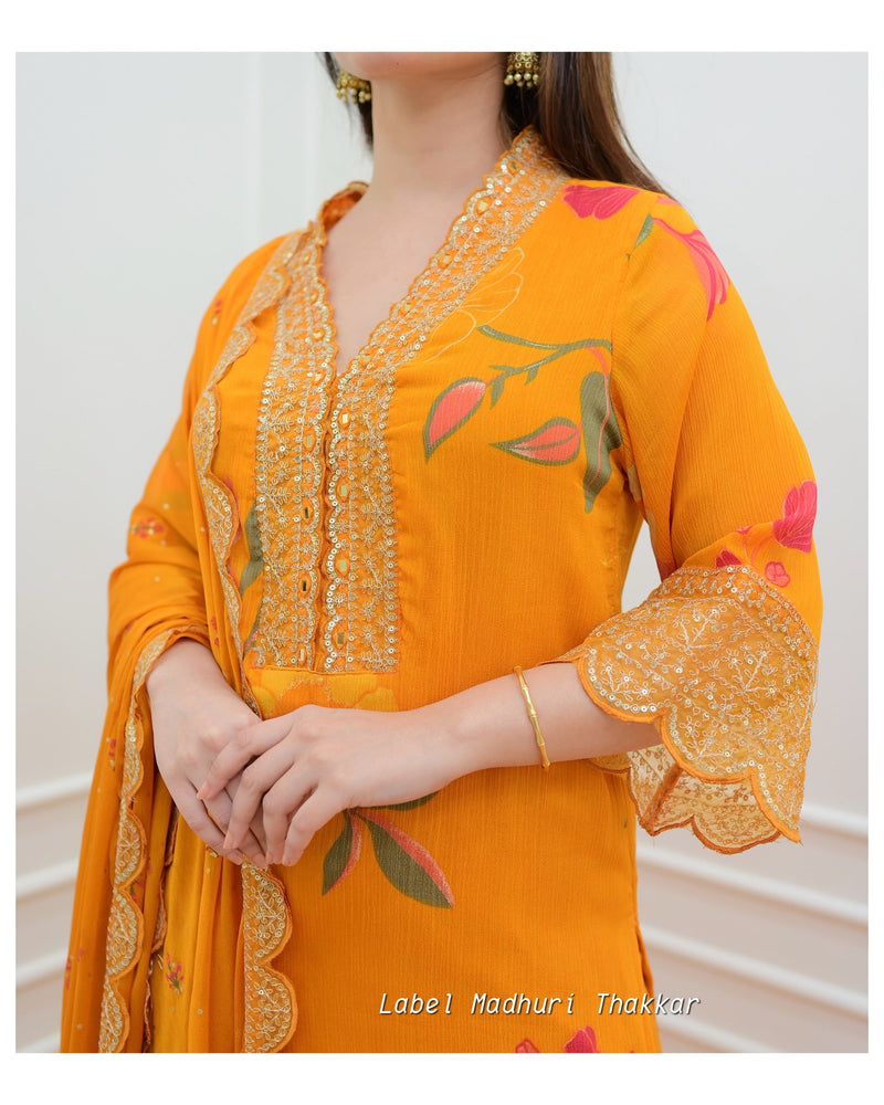 Mustard Yellow Floral Chinnon Embroidered Suit