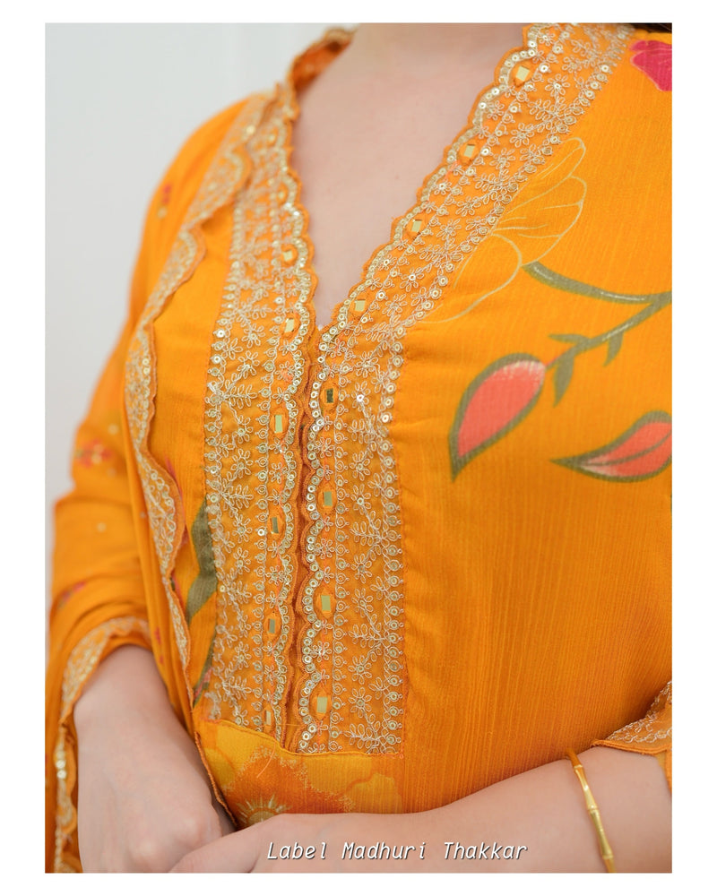 Mustard Yellow Floral Chinnon Embroidered Suit
