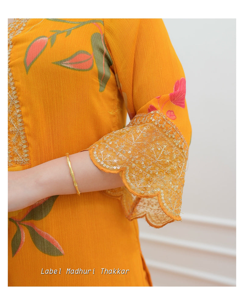 Mustard Yellow Floral Chinnon Embroidered Suit