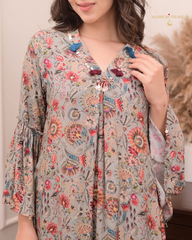 Grey Floral Muslin A Line Co-ord