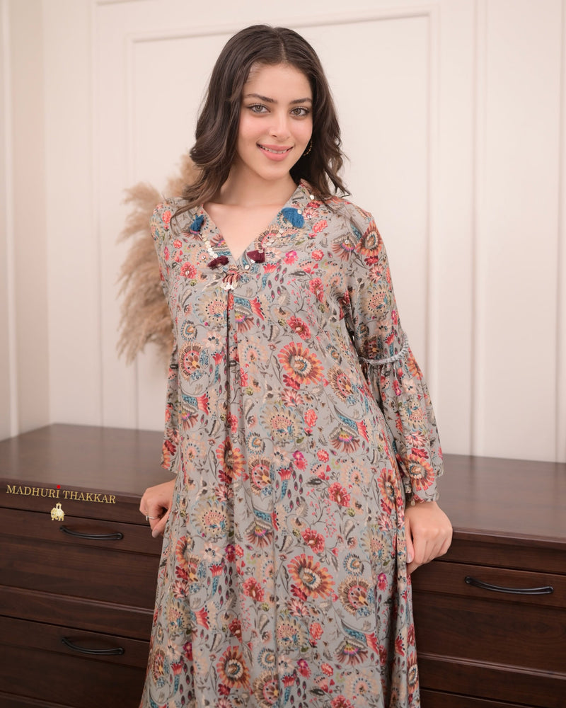 Grey Floral Muslin A Line Co-ord
