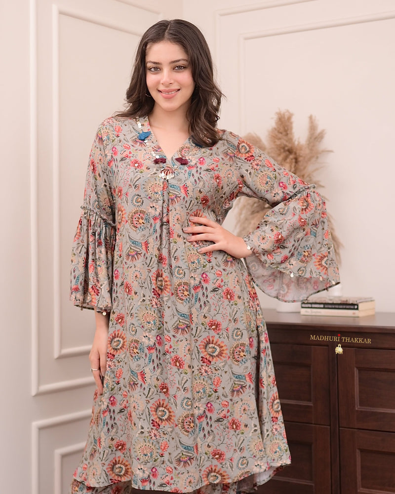Grey Floral Muslin A Line Co-ord