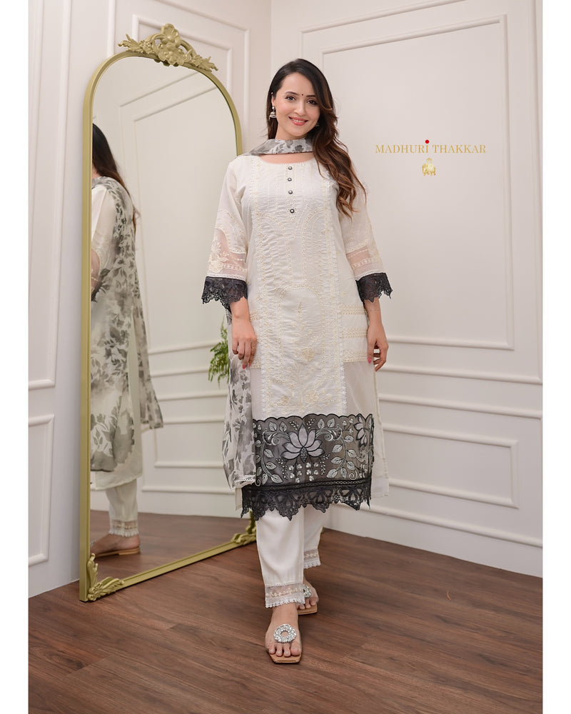 Ivory Black Schiffli Cotton Silk Suit