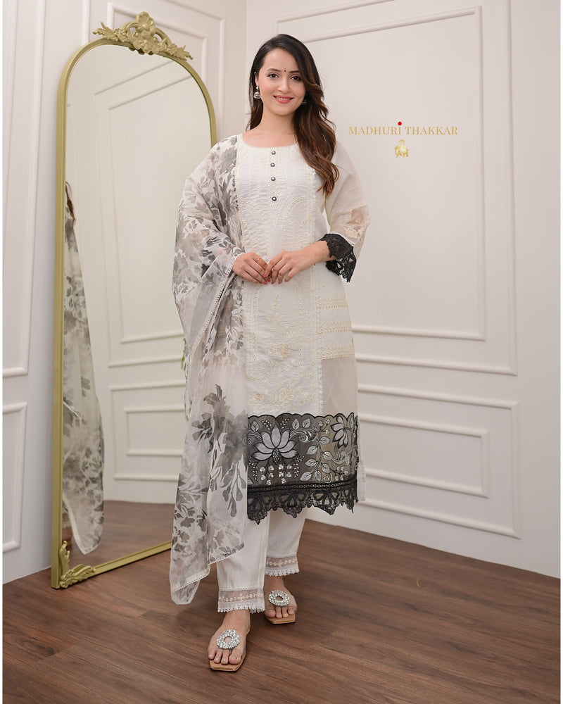 Ivory Black Schiffli Cotton Silk Suit