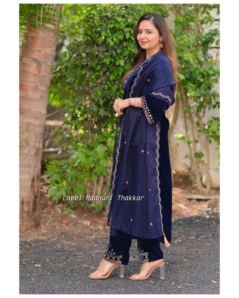 Navy Blue Mirror Work Premium Velvet Suit