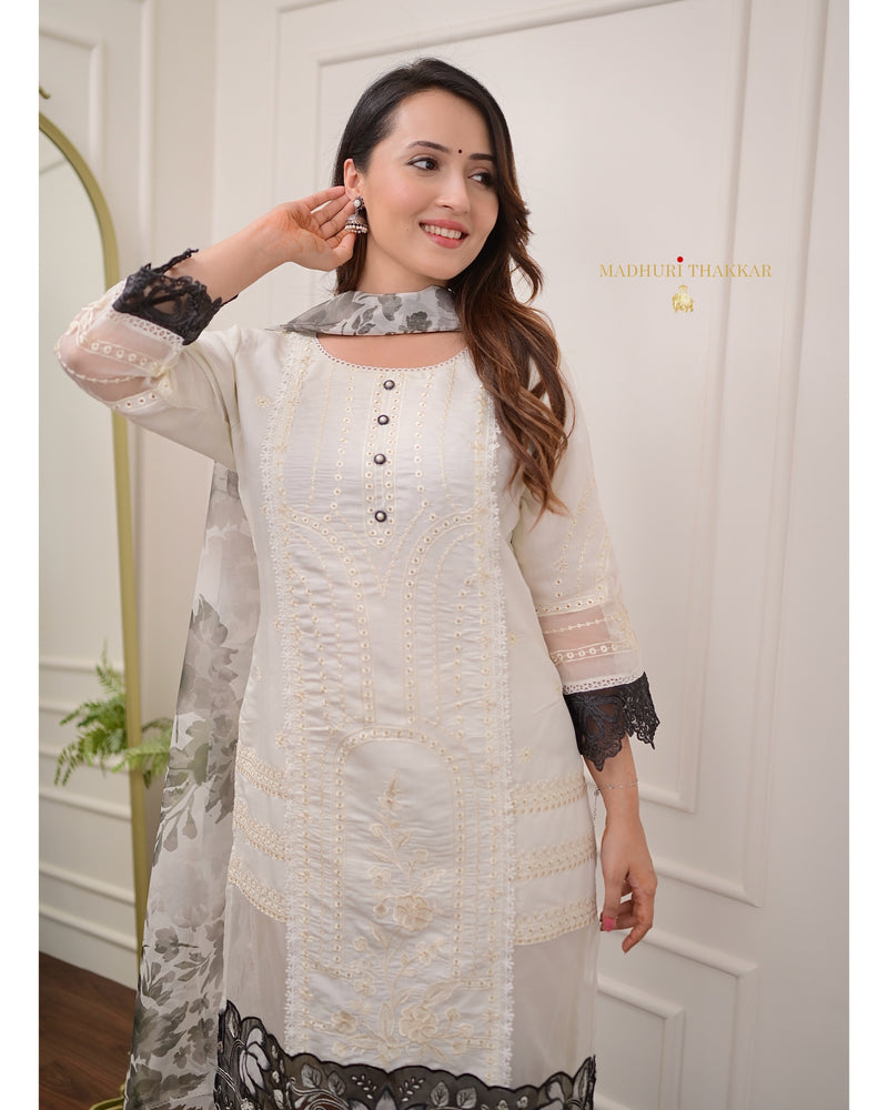 Ivory Black Schiffli Cotton Silk Suit