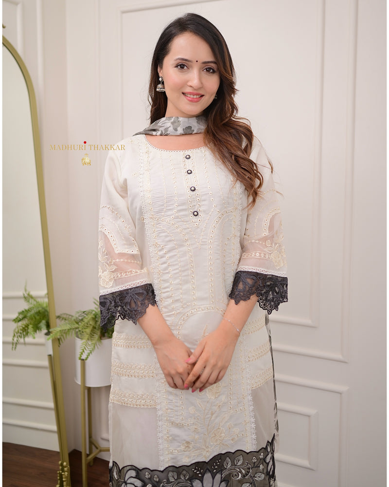 Ivory Black Schiffli Cotton Silk Suit