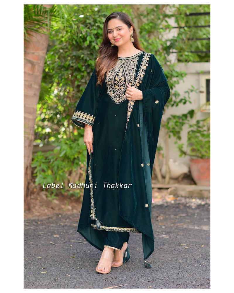 Bottle Green Handwork Festive Velvet Suit