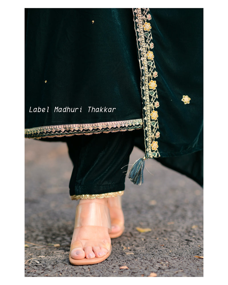 Bottle Green Handwork Festive Velvet Suit