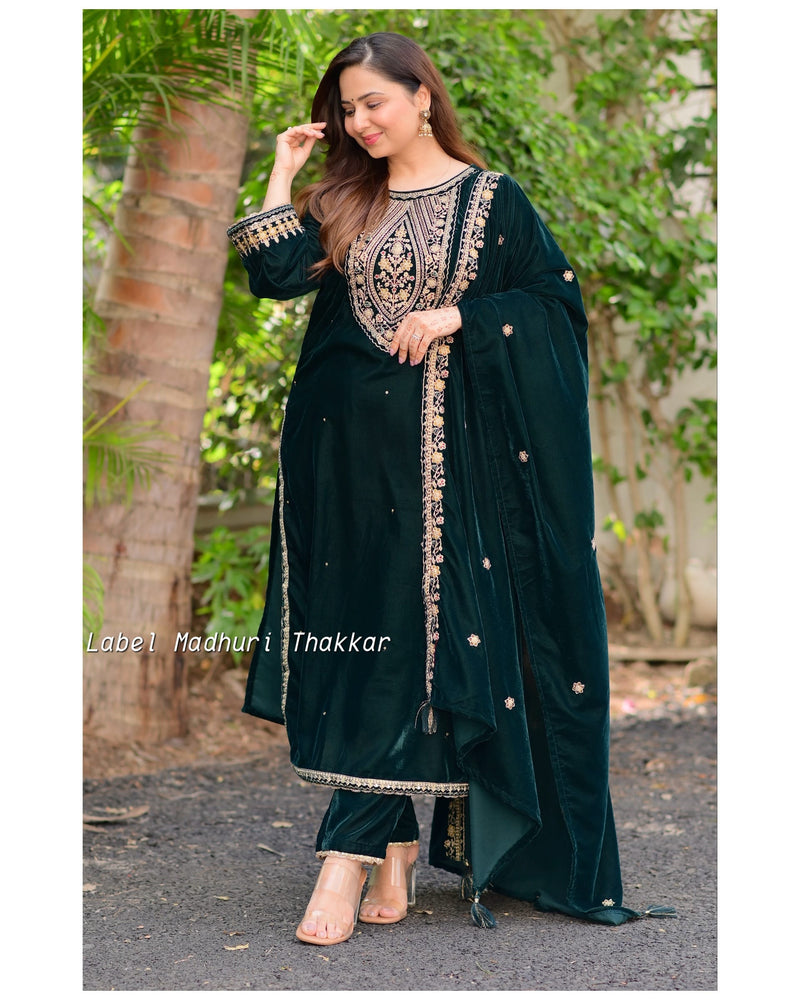 Bottle Green Handwork Festive Velvet Suit