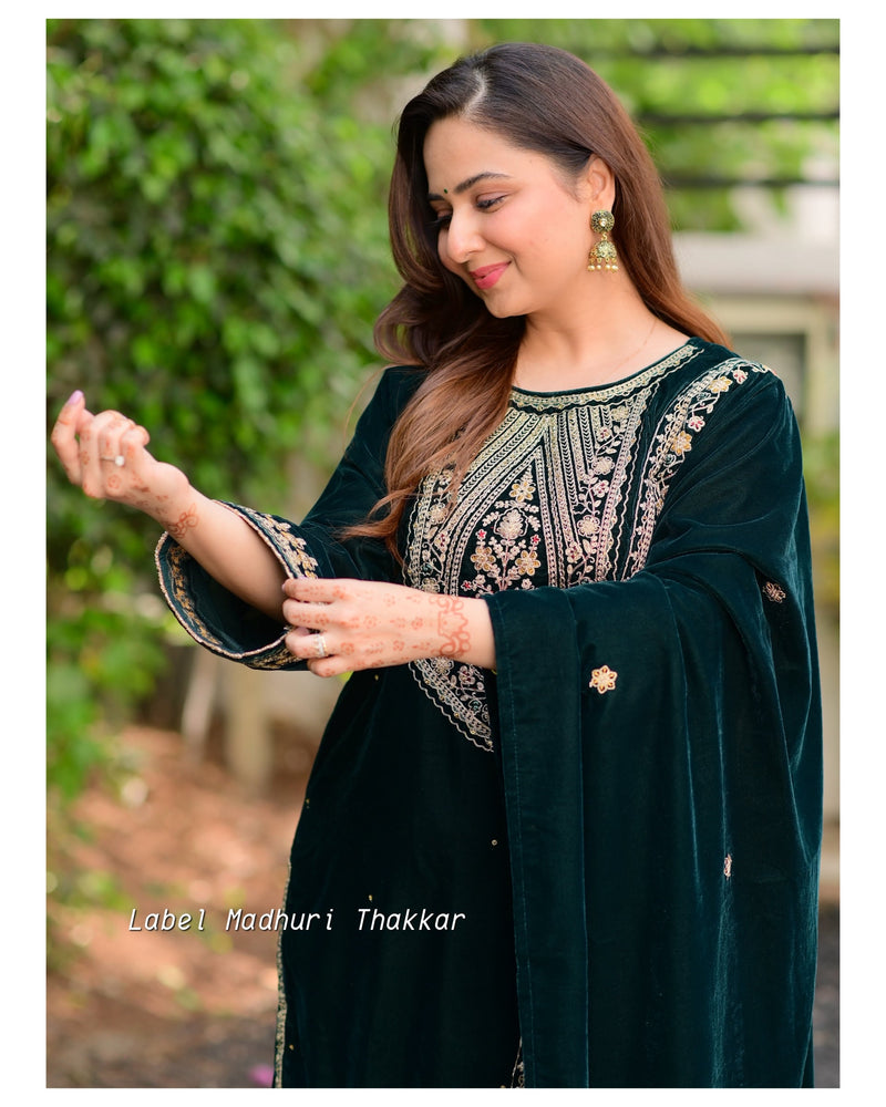 Bottle Green Handwork Festive Velvet Suit