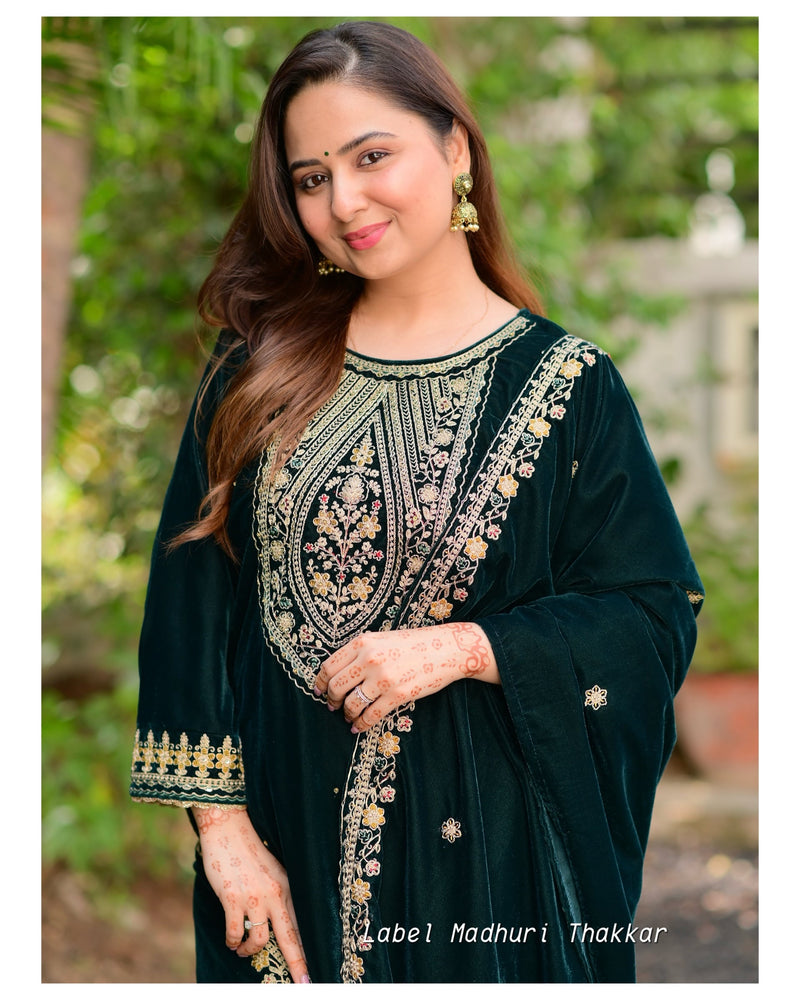 Bottle Green Handwork Festive Velvet Suit