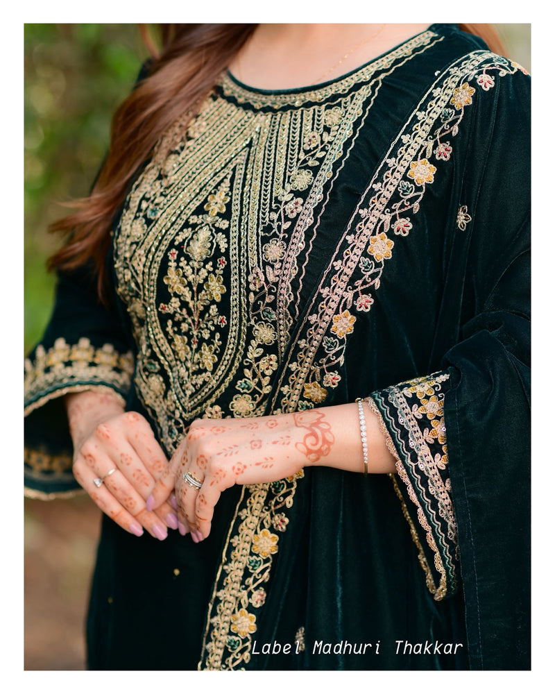 Bottle Green Handwork Festive Velvet Suit