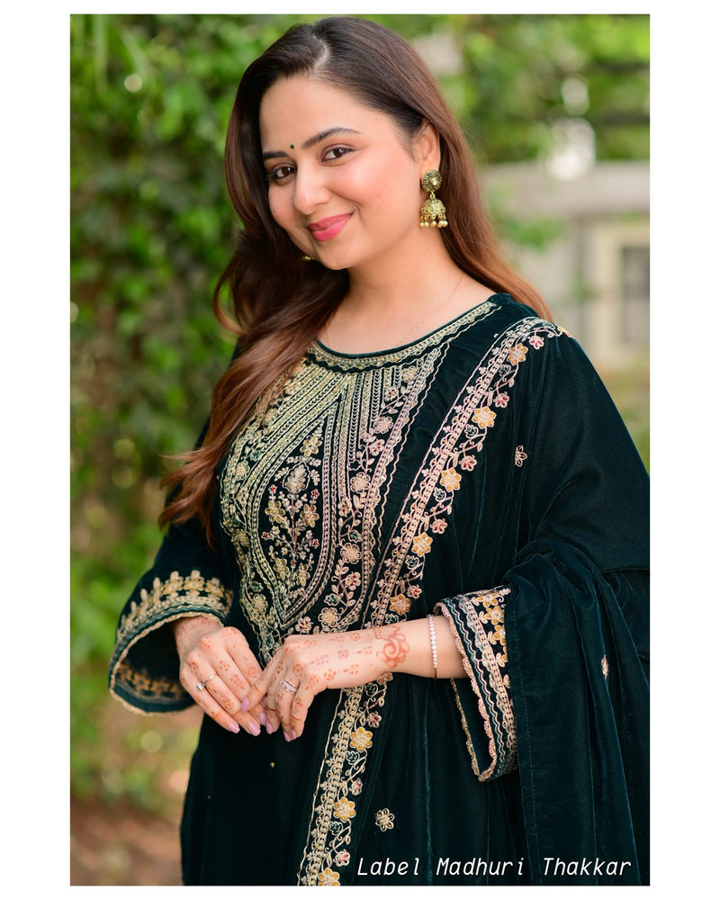 Bottle Green Handwork Festive Velvet Suit