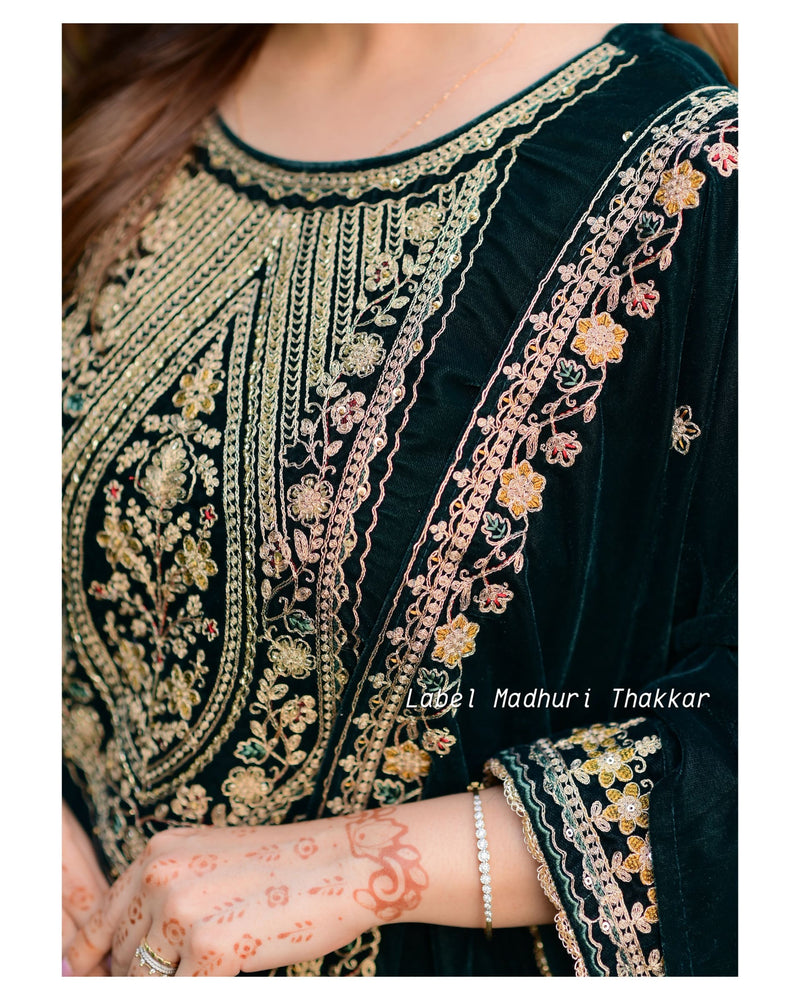 Bottle Green Handwork Festive Velvet Suit
