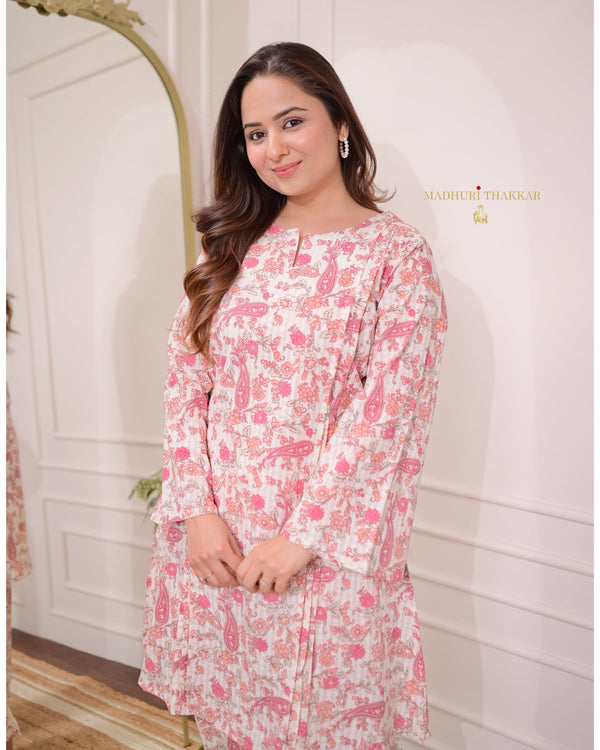 Ivory Pink Floral Pintex Cotton Co-ord