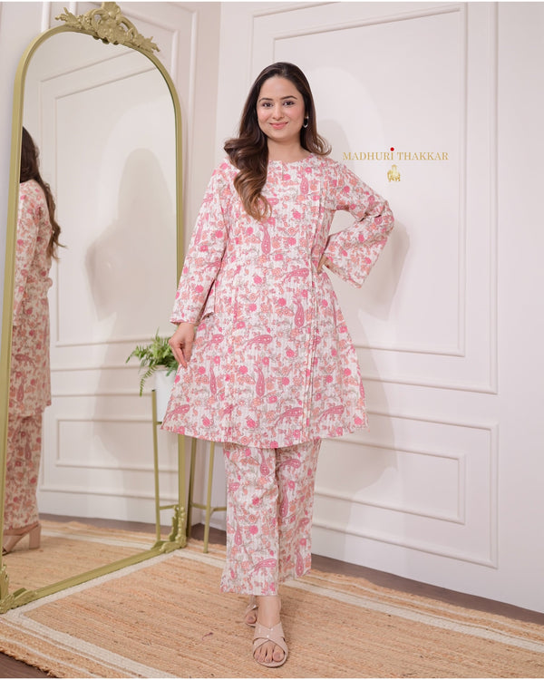 Ivory Pink Floral Pintex Cotton Co-ord