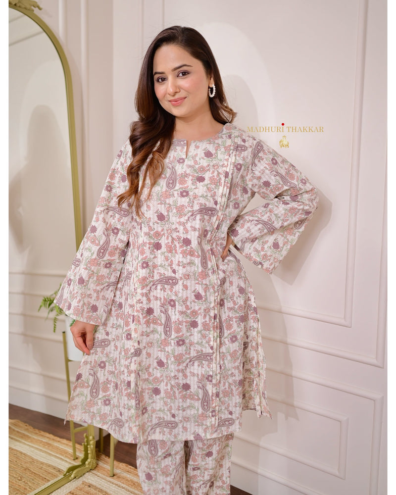 Ivory Brown Floral Pintex Cotton Co-ord