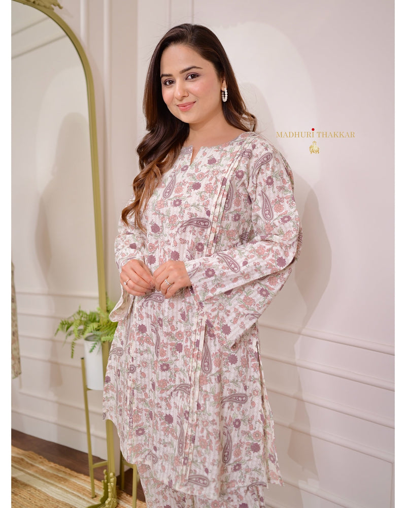 Ivory Brown Floral Pintex Cotton Co-ord