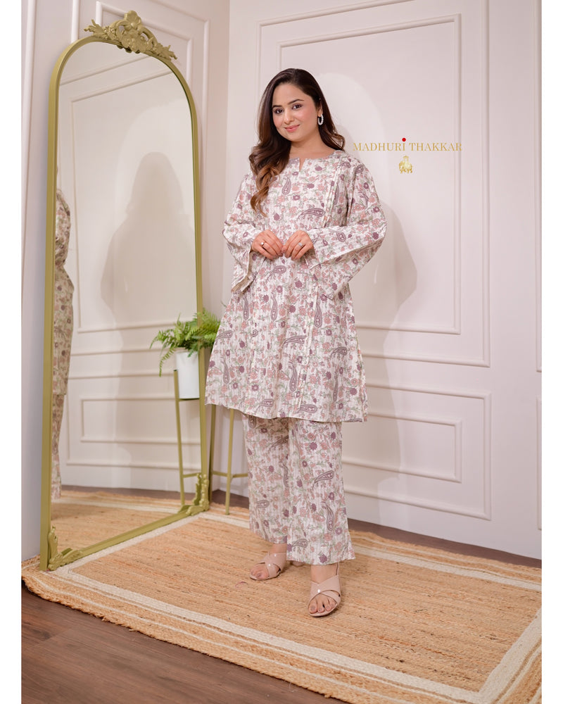 Ivory Brown Floral Pintex Cotton Co-ord