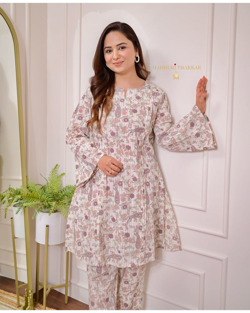 Ivory Brown Floral Pintex Cotton Co-ord