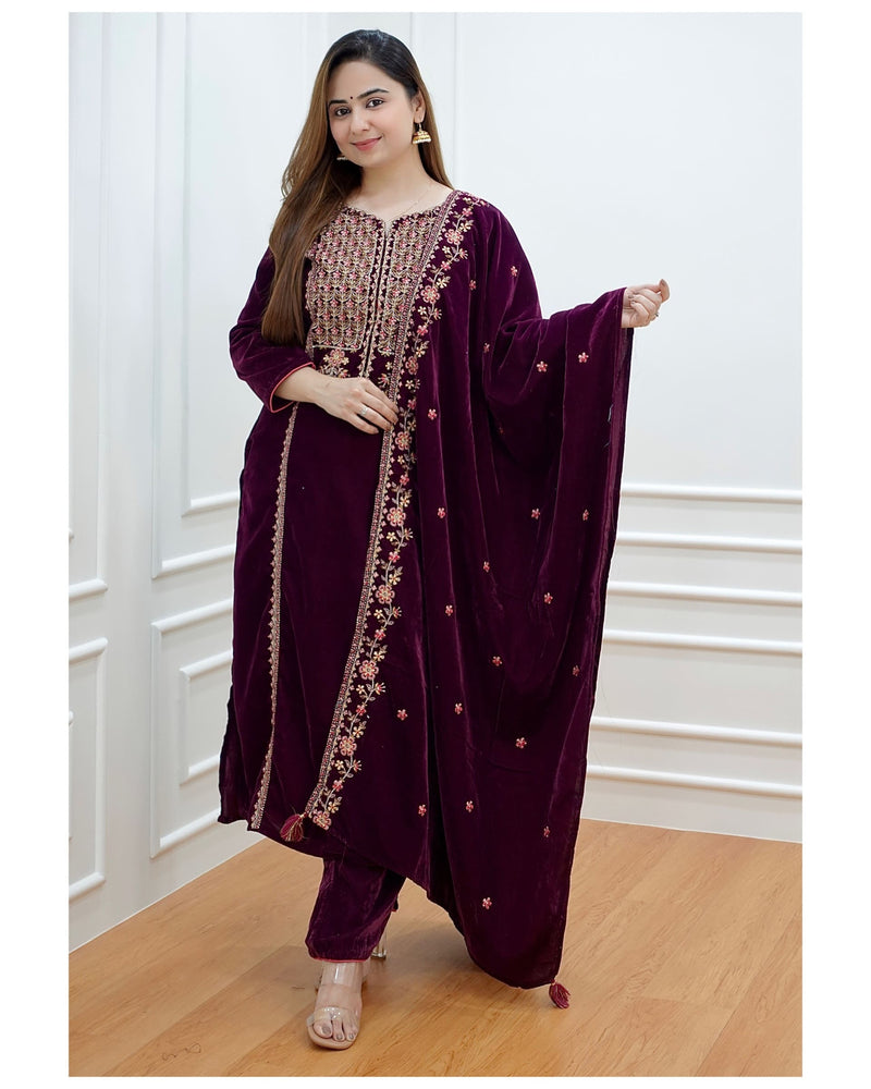Magenta Handwork Velvet Suit