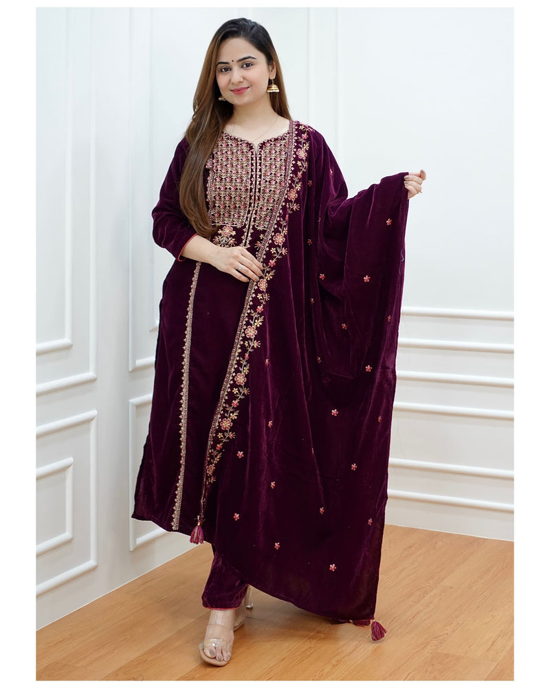 Magenta Handwork Velvet Suit