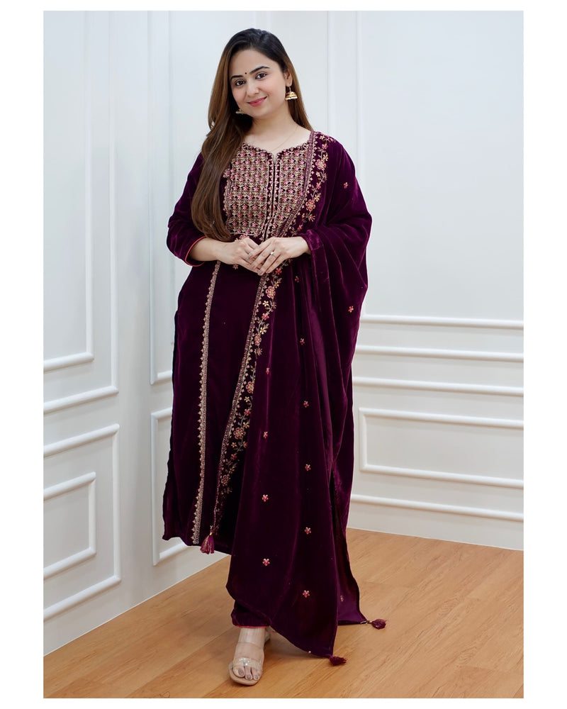Magenta Handwork Velvet Suit