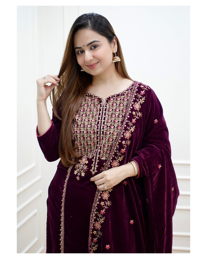 Magenta Handwork Velvet Suit