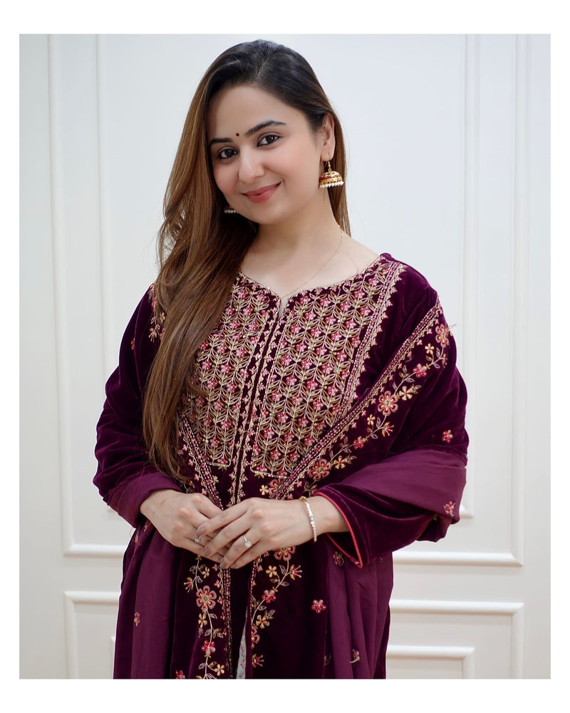 Magenta Handwork Velvet Suit