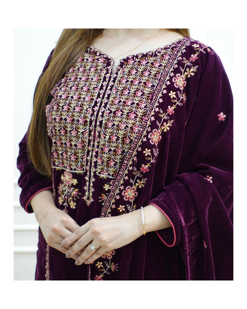 Magenta Handwork Velvet Suit