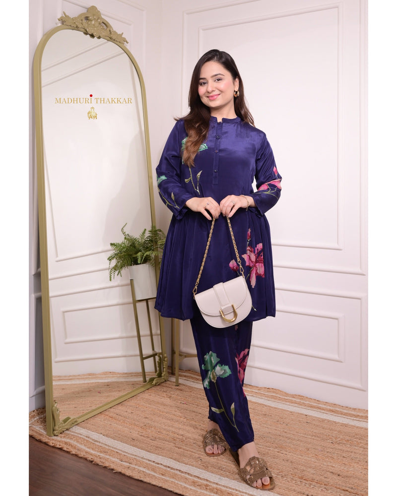 Navy Blue Floral Handwork Muslin Crepe Co-ord