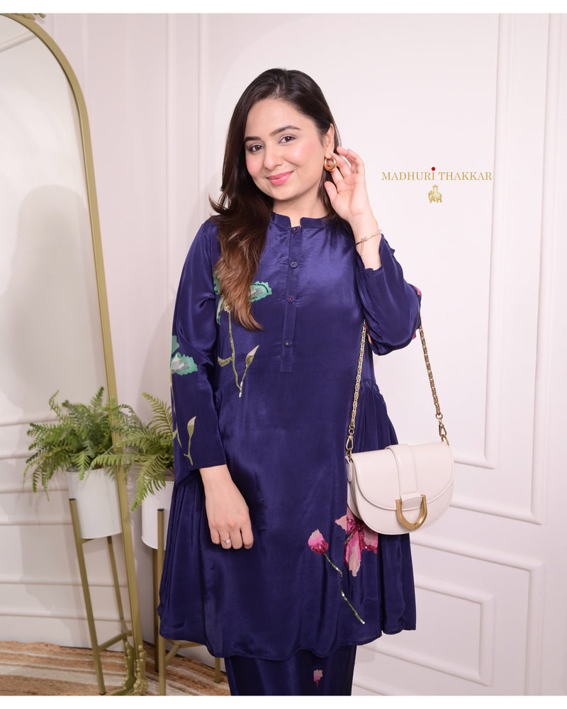 Navy Blue Floral Handwork Muslin Crepe Co-ord